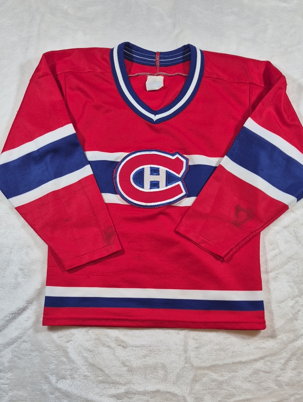 Vintage Montreal Canadien CCM Kids Red Hockey Jersey with Blue & White Stripes